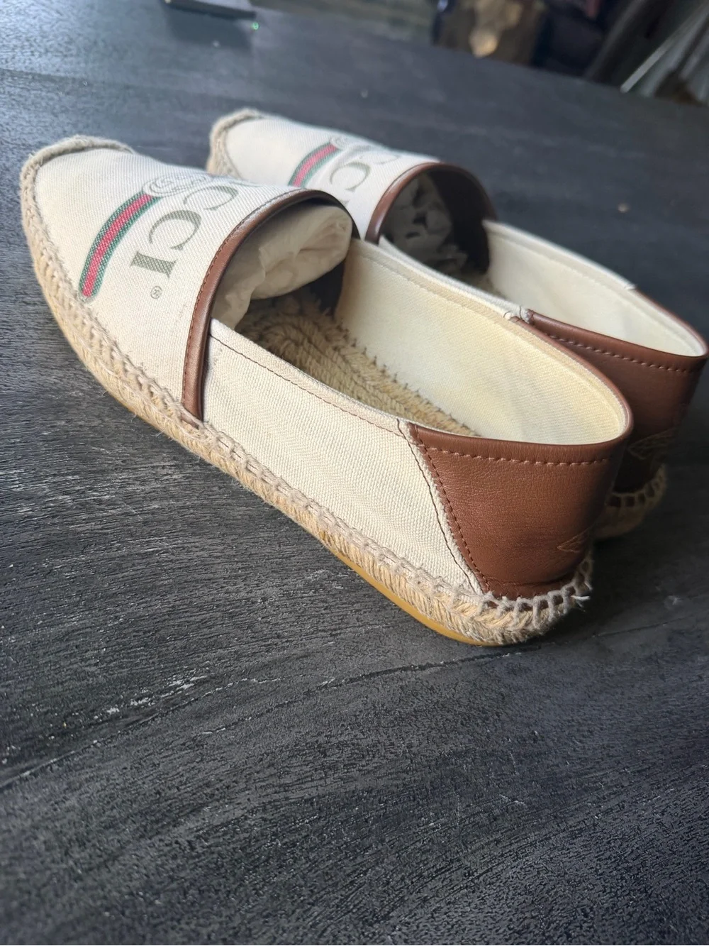 Gucci Beige Canvas Espadrilles with Green and Red Web